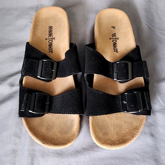 Minnetonka Shoes - Minnetonka Double Strap Sandals Women's 6 Black Suede Buckle Slip on San…